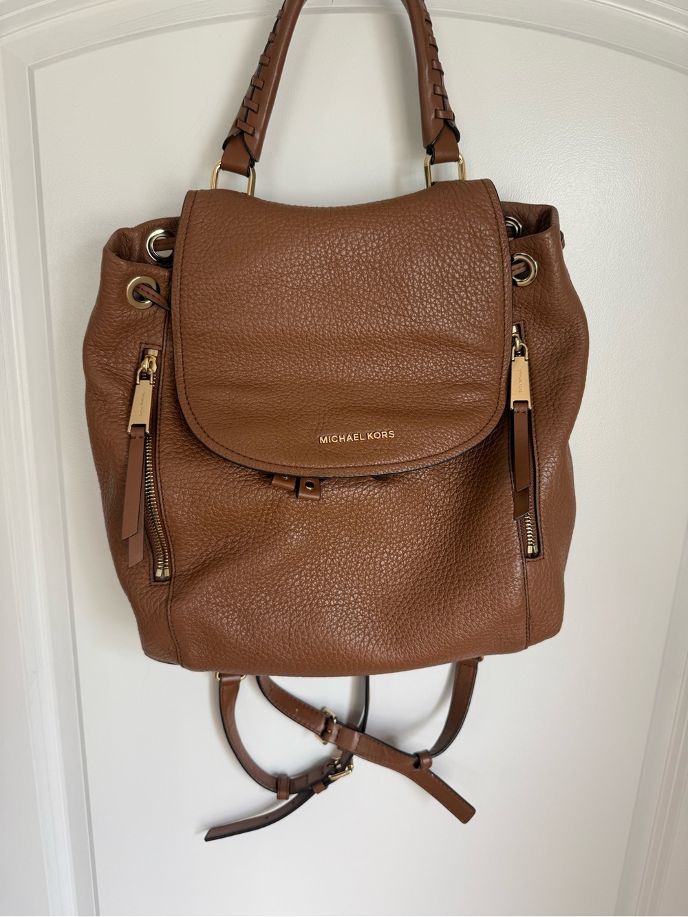 Michael Kors Cognac Pebbled Leather Drawstring Backpack